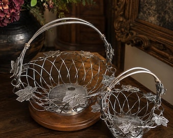 Vintage Godinger Silver Plate Grapevine Basket Set, Folding Handle Fruit Baskets