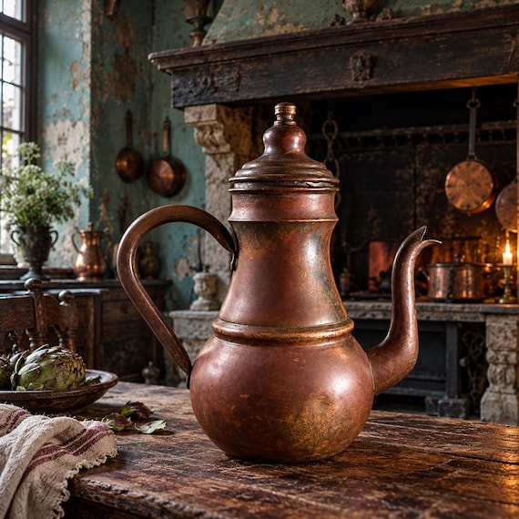 Antique Hand Hammered Copper Coffee Pot Lidded Ewer Large Copper Vessel Pitcher Aged Patina Old World Decor