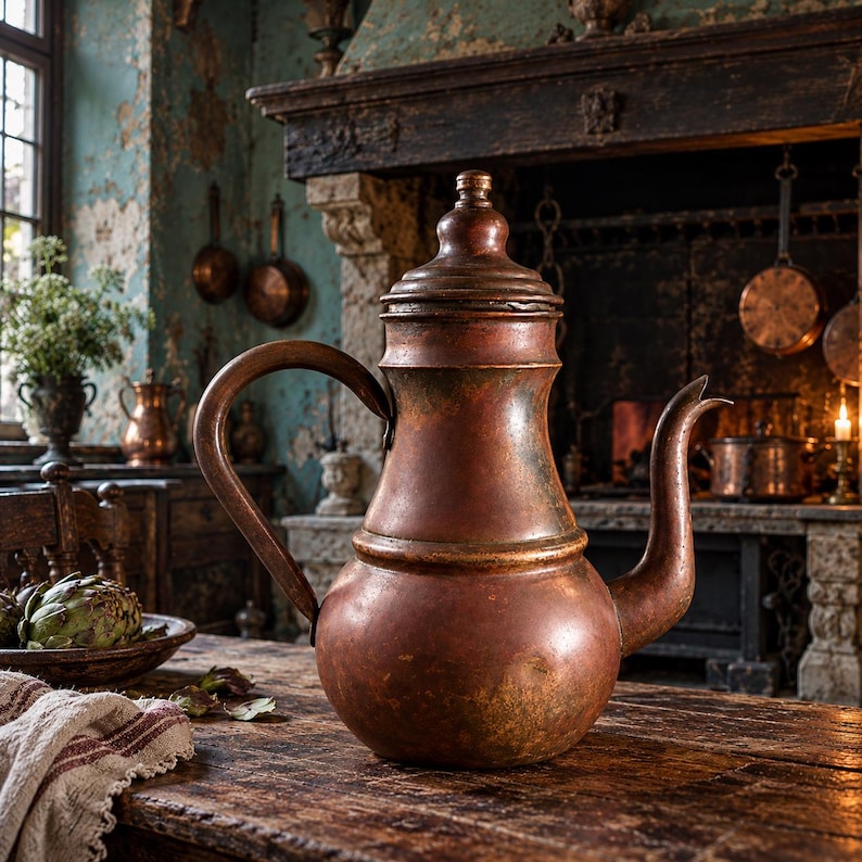 May include: A large, weathered copper teapot with a rounded base, a tapered neck, a curved handle, and a matching lid with a small knob. The metal surface displays a dark, oxidized patina with visible signs of age and wear throughout the body.