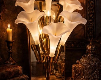 Aplique de pared vintage con diseño de lirio cala: cristal esmerilado, latón, espejo. Iluminación estilo Hollywood Regency.