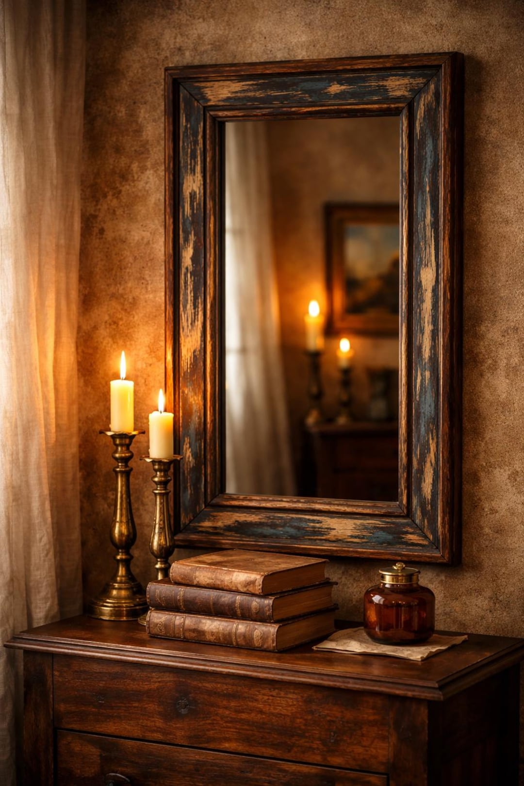 Large Rustic Solid Wood Mirror Distressed Blue Frame Horizontal ...