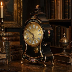 May include: A black mantel clock with a gold-tone face and Roman numerals. The clock has floral accents and gold-tone feet. The clock is set on a wooden surface, with a candle and books in the background.