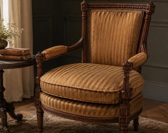 Antique Louis XVI Revival Armchair: Carved Wood, Feather Cushion, French Neoclassical Restoration Project