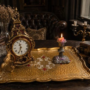 May include: An antique gold tray with a textured surface displays a decorative clock, a lit candle in a silver holder, and other vintage items. The clock has a white face and Roman numerals. The candle is pink and orange.