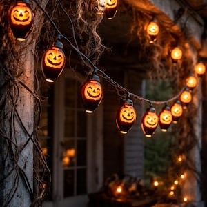May include: A decorative string of Halloween lights featuring carved pumpkin faces. The orange lights are strung along a wire, creating a spooky atmosphere. The lights are hanging on a porch with a wooden railing and a window in the background.