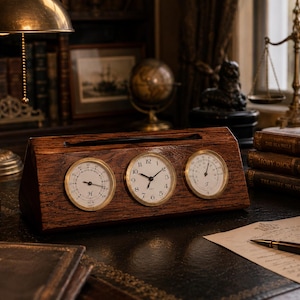 May include: A wooden desk clock with three circular dials. The center dial is a clock, flanked by a hygrometer and a thermometer. The clock has a white face with black numerals and gold-colored trim. The wooden frame has a rich, dark finish.