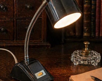 Vintage Black Gooseneck Desk Lamp, Mid Century Office Task Light, Dark Academia Decor