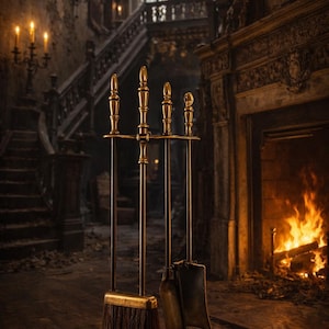 Puede incluir: Un juego de herramientas de chimenea de latón con escoba, pala, atizador y tenazas. Las herramientas tienen mangos ornamentados y se exhiben frente a una chimenea encendida. El fondo presenta un interior gótico oscuro con una escalera y velas.