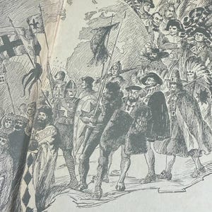 May include: A monochrome illustration showing a procession of historical figures, including knights and royalty. The artwork features flags and banners, suggesting a historical theme. The style is reminiscent of an old book illustration, with detailed linework.