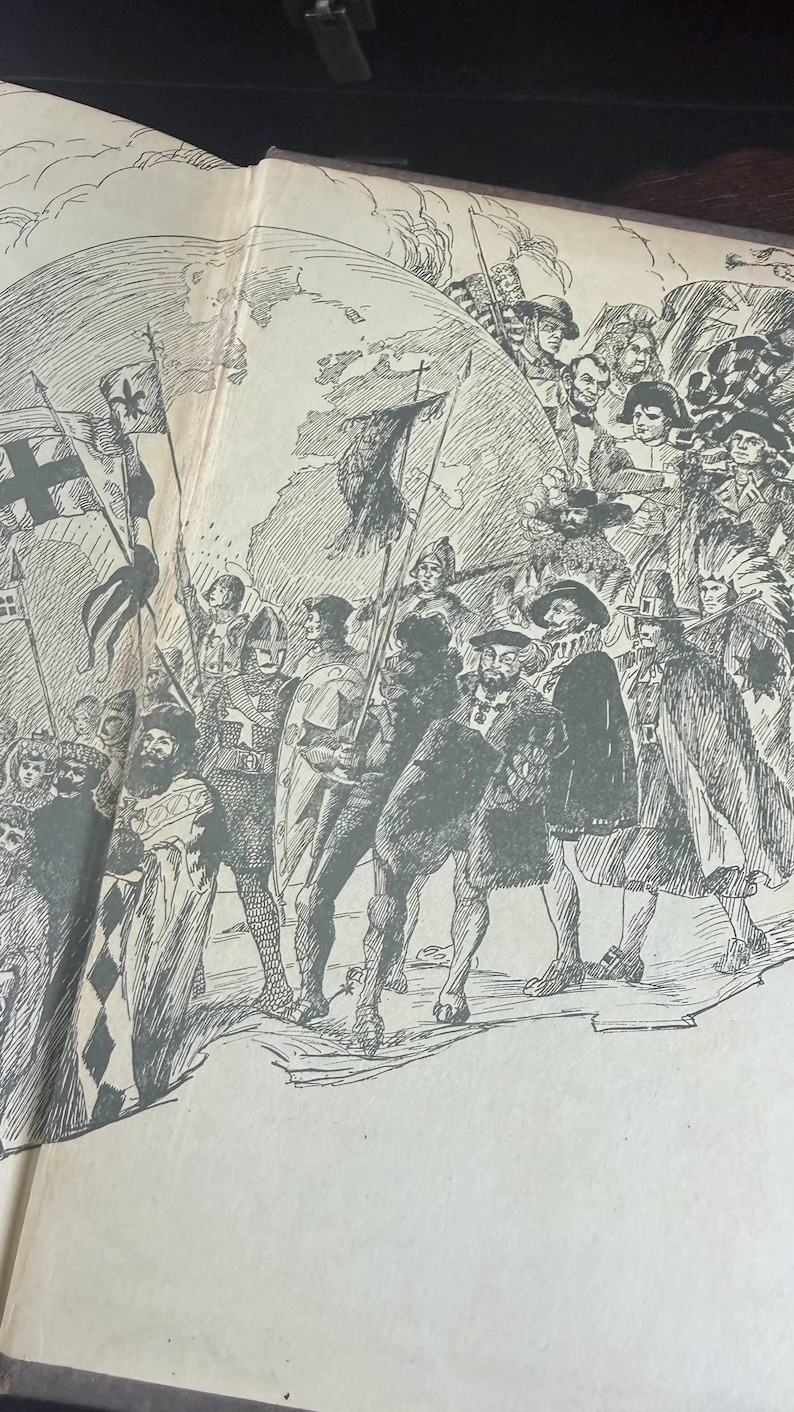 May include: A monochrome illustration showing a procession of historical figures, including knights and royalty. The artwork features flags and banners, suggesting a historical theme. The style is reminiscent of an old book illustration, with detailed linework.