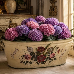 Könnte beinhalten: Eine ovale, cremefarbene Metallschale mit zwei seitlichen Griffen, gefüllt mit einem großen Arrangement aus rosa und violetten Hortensien. Die Außenseite zeigt ein gemaltes Blumenbouquet und den schwarzen kursiven Schriftzug French Floral.