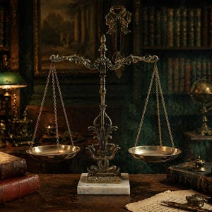 May include: A vintage brass balance scale with two round pans suspended from a decorative arm. The scale rests on a white marble base, with a dark wooden desk in the foreground. Books, a globe, and a green lamp create a classic, antique aesthetic.