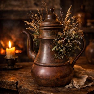 May include: A vintage copper teapot with a dark patina, filled with dried flowers and grasses. A lit candle in a small holder sits to the left, with a blurred fireplace in the background. The teapot is on a rustic wooden surface.
