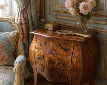 Vintage French Bombé Jewelry Armoire Burl Wood Chest Louis XV Style Mini Dresser Vanity Organizer Rococo Decor