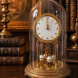 May include: A gold-toned antique clock with a white face and black numerals, encased in a glass dome. The clock features a decorative gold bezel and pendulum, set on a wooden surface. A lit candle and books are in the background.