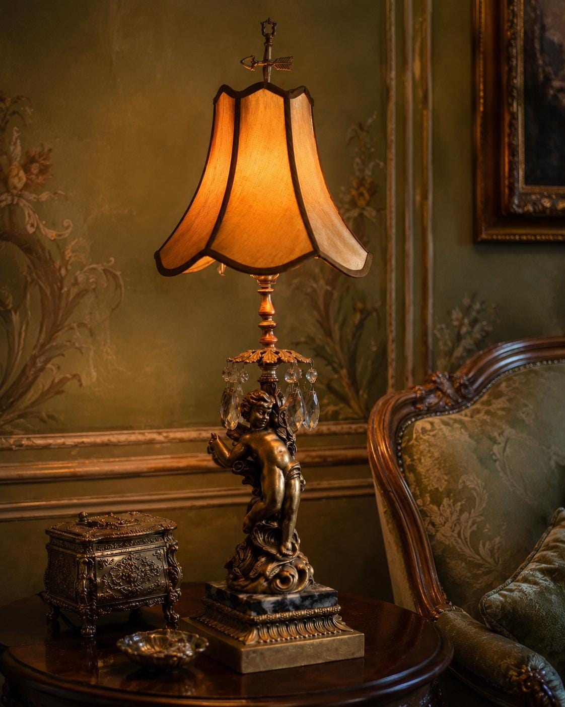 Vintage Italian Marble Cherub Lamp, Crystal Prism Hollywood