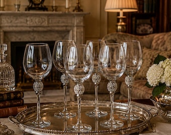 Lot de 6 verres à vin en strass argentés, 25 cm de haut, élégants verres à pied en cristal, ensemble de verres à champagne glamour ou à vin rouge