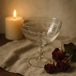 Vintage Hand Engraved Glass Compote | Bow & Floral Etching, 9" Pedestal Bowl