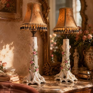 May include: A pair of table lamps featuring white ceramic bases sculpted to resemble tree trunks with applied pink rose blossoms and green leaves. The lamps have tapered fabric shades in a warm golden hue, finished with dark beaded fringe.