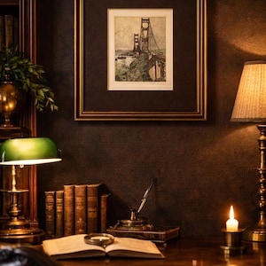 May include: A framed print of the Golden Gate Bridge hangs above a desk with books, a magnifying glass, and a pen holder. A green-shaded desk lamp and a lit candle add to the warm, vintage aesthetic. The room has dark brown walls and a classic, scholarly ambiance.