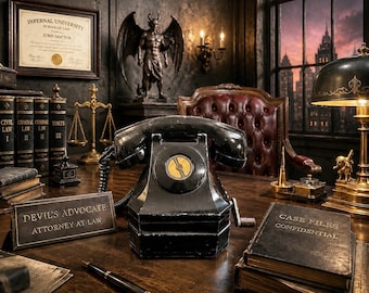 May include: A black rotary telephone is the focal point of a desk, with a sign reading "DEVIL'S ADVOCATE ATTORNEY AT LAW." Books, scales, and a devil statue contribute to a dark, gothic aesthetic. The scene evokes a sense of mystery.