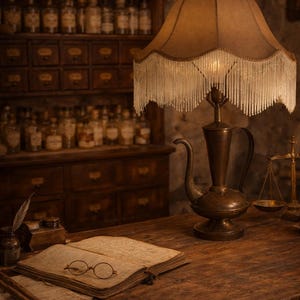 Könnte beinhalten: Ein Schreibtisch im Vintage-Stil mit einer Bronzelampe, einem offenen Buch und einer kleinen runden Brille. Die Lampe hat einen Fransen-Schirm. Im Hintergrund Regale und Schubladen mit Apothekerflaschen.