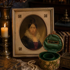 May include: A rectangular off-white picture frame with gold accents containing an oval portrait of a person with a dark updo and lace collar, positioned next to a round, floral-patterned jewelry box with a green satin interior and pearl necklace.