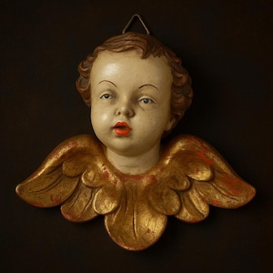 Vintage Hand Carved Wooden Angel Cherub – Gilded Wings Wall Plaque – Baroque Religious Art – 5”