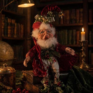May include: A whimsical Christmas elf figurine with a red velvet coat, hat, and white beard. The elf wears glasses and has a jovial expression. The figurine is adorned with holly and berries, and is posed on a stack of books.