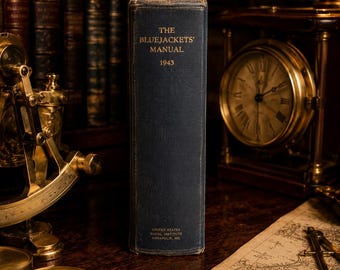 1943 års andra världskrigets amerikanska flottans Bluejackets’ Manual, elfte upplagan av marin sjömansbok, vintage militär navigations- och sjömansutbildningsmanual