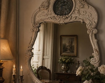 Vintage Rococo Wall Mirror, Ornate Bronze Medallion, Shabby Chic French Baroque Decor