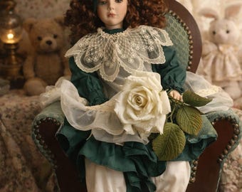 Ashton-Drake Cindy McClure 1994 Porcelain Doll Cross Stitch 20”   Porcelain Doll  Sitting Victorian Style Green Dress Lace Outfit Wood Chair