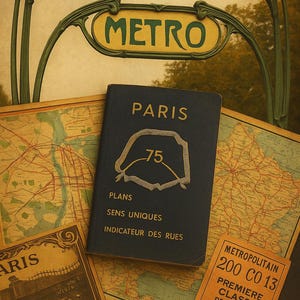 May include: Vintage travel-themed image featuring a Parisian Metro sign with the word "METRO" in green and yellow. A dark blue book with "PARIS" and "75" is surrounded by maps and a ticket. The image evokes a sense of nostalgia.