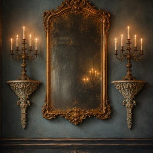 May include: A tall rectangular mirror with an ornate gold frame centered between two matching wall-mounted shelves. Each shelf supports a five-arm gold candelabra holding lit white taper candles. The wall is a dark, textured blue-gray color.