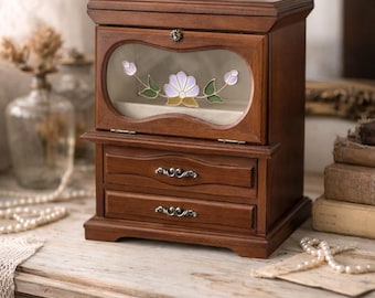 Vintage Wooden Jewelry Cabinet, Floral Glass Door, Two Drawer Organizer Chest