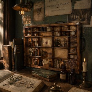 Väggdisplay i trä med vintage skrivarlåda, skugglåda för typbricka, metallhandtag, industriella avdelare, kuriosahylla