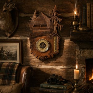 May include: A rustic wooden wall-mounted weather station with a barometer and thermometer. The carved design includes a cabin and trees. The scene is set in a cozy cabin with a fireplace, books, and binoculars.