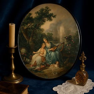 May include: An oval painting shows two figures in a garden with a waterfall and a dog. A candle in a brass holder, a vintage book, and a decorative perfume bottle with a lace doily are also present.