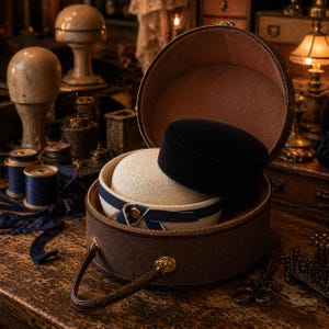 Puede incluir: Una sombrerera redonda marrón con asa, abierta para revelar dos sombreros. Uno es negro, el otro beige con una cinta azul marino. La caja está sobre una superficie de madera con carretes de hilo y otros objetos vintage.