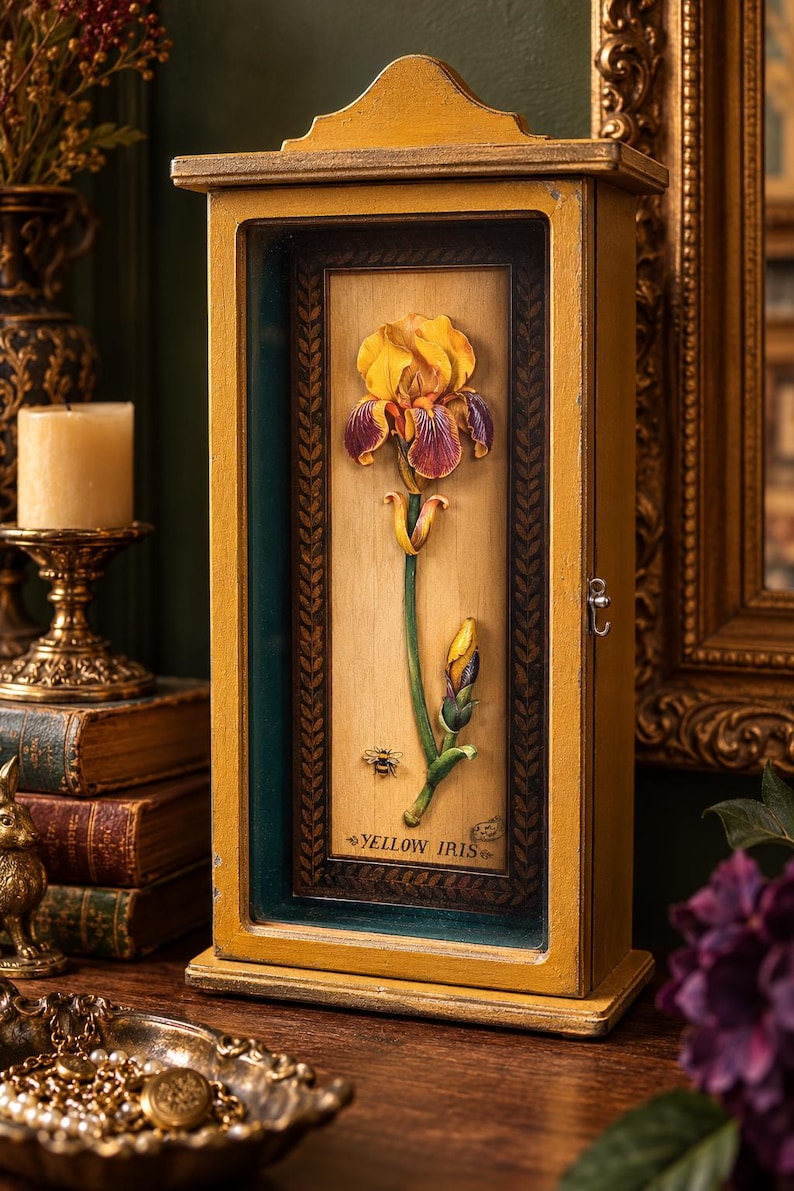 Vintage 1998 Yellow Iris Key & Jewelry Cabinet M. Gordon Botanical Wall ...