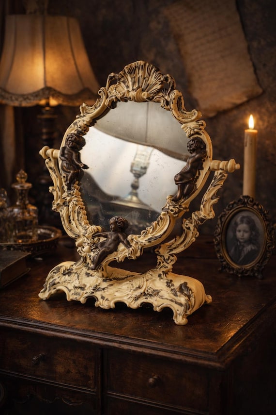 Vintage Rococo Cherub Vanity Mirror | Baroque Gold Standing Table Mirror