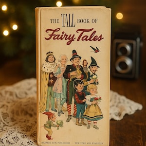 May include: Vintage hardcover book titled "The Tall Book of Fairy Tales." The cover features a colorful illustration of various fairy tale characters. The book is set against a blurred background with bokeh lights and a vintage camera.