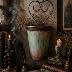 May include: A rustic, weathered wall planter with a heart-shaped metal design, filled with dried flowers. The planter has a distressed teal and brown finish. A lit black candle and antique books are in the foreground, creating a vintage aesthetic.