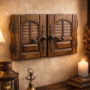Op de afbeelding: Een paar donkerbruine houten luiken met decoratieve handgrepen en scharnieren, gemonteerd op een getextureerde muur. De luiken hebben een klassiek ontwerp met lamellen. Een brandende kaars, boeken en een messing ankerbel staan op een houten oppervlak eronder.