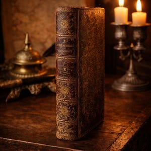 Può includere: Un libro antico rilegato in pelle con decorazioni floreali dorate e il titolo "MEMERIES HOMINNIT" sul dorso. Il libro è su una superficie di legno scuro, con candele accese e un oggetto decorativo in metallo sullo sfondo.