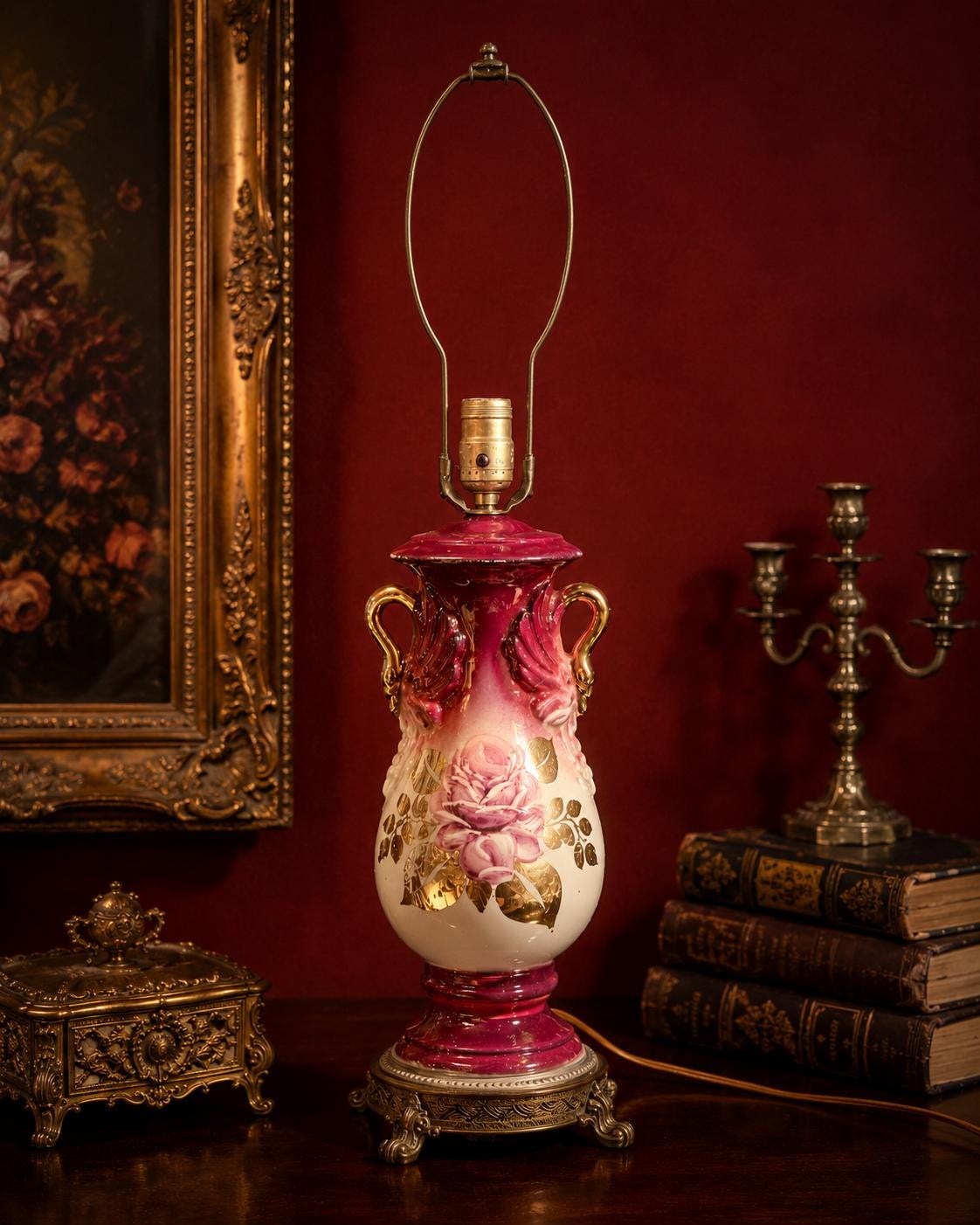 Vintage Pink Porcelain Lamp, Hollywood Regency Swan Handles, Gilt