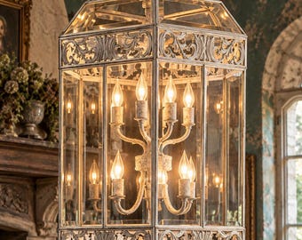 Large Vintage 8 Light Lantern Chandelier, French Provincial Ornate Hanging Light, Beveled Glass, Distressed White Metal, 29 Inch