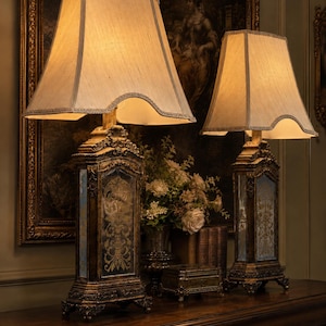 Couture Lamps Mirrored Table Lamps Pair, Hollywood Regency Gold Lamps, French Provincial Vintage Lighting with Shades