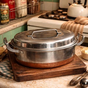 Vintage EKCO oval rostkamin: rostfritt stål från mitten av århundradet med kopparbotten