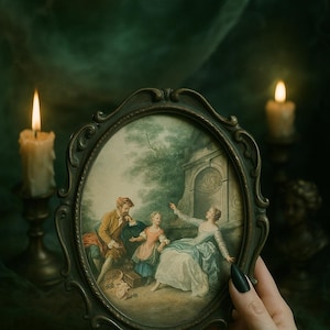 May include: An oval, antique-style picture frame with a detailed painting of a family scene. The frame is held in front of a dark green background with two lit candles. The painting depicts a man, woman, and child in a garden setting.